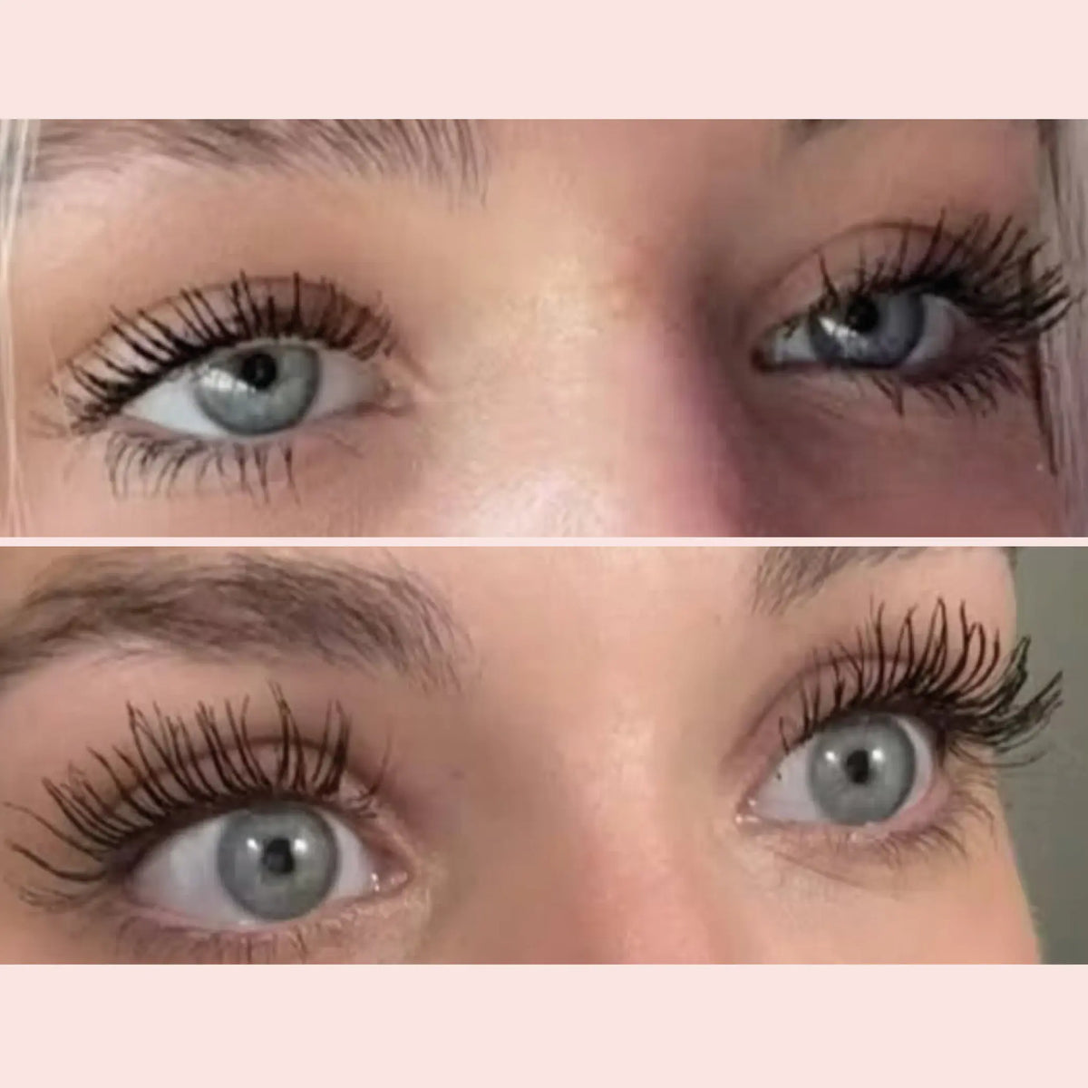Vorher-Nachher-Vergleich der Wimpern vor und nach Anwendung der Mascara