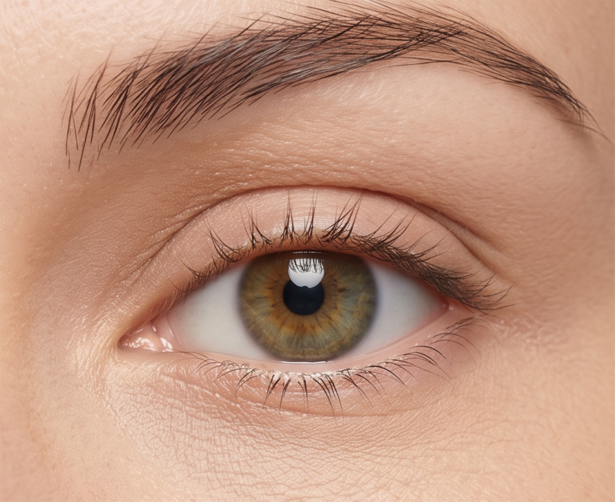 Nahaufnahme eines Auges mit schmaler, lückenhafter Augenbraue und kurzen Wimpern