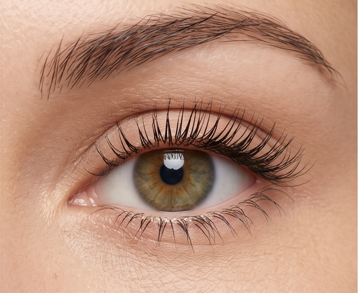 Nahaufnahme eines Auges mit voller, dichter Augenbraue und langen Wimpern