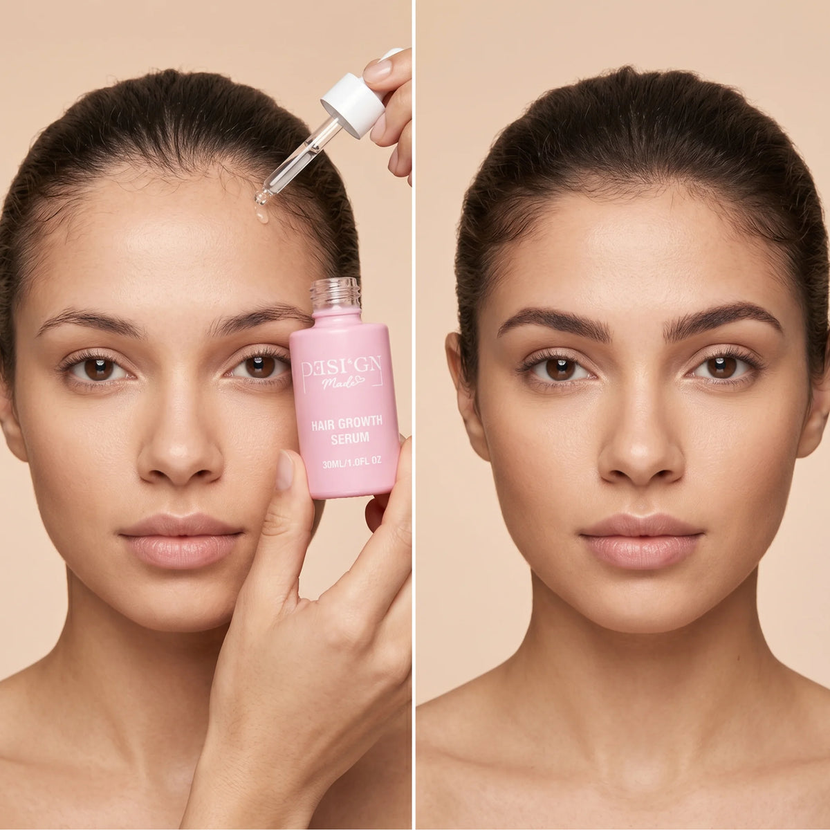 Frau trägt das HAIR GROWTH SERUM von DESI'GN MADE mit der Pipette am Haaransatz auf, daneben ein Porträt derselben Frau ohne Produkt