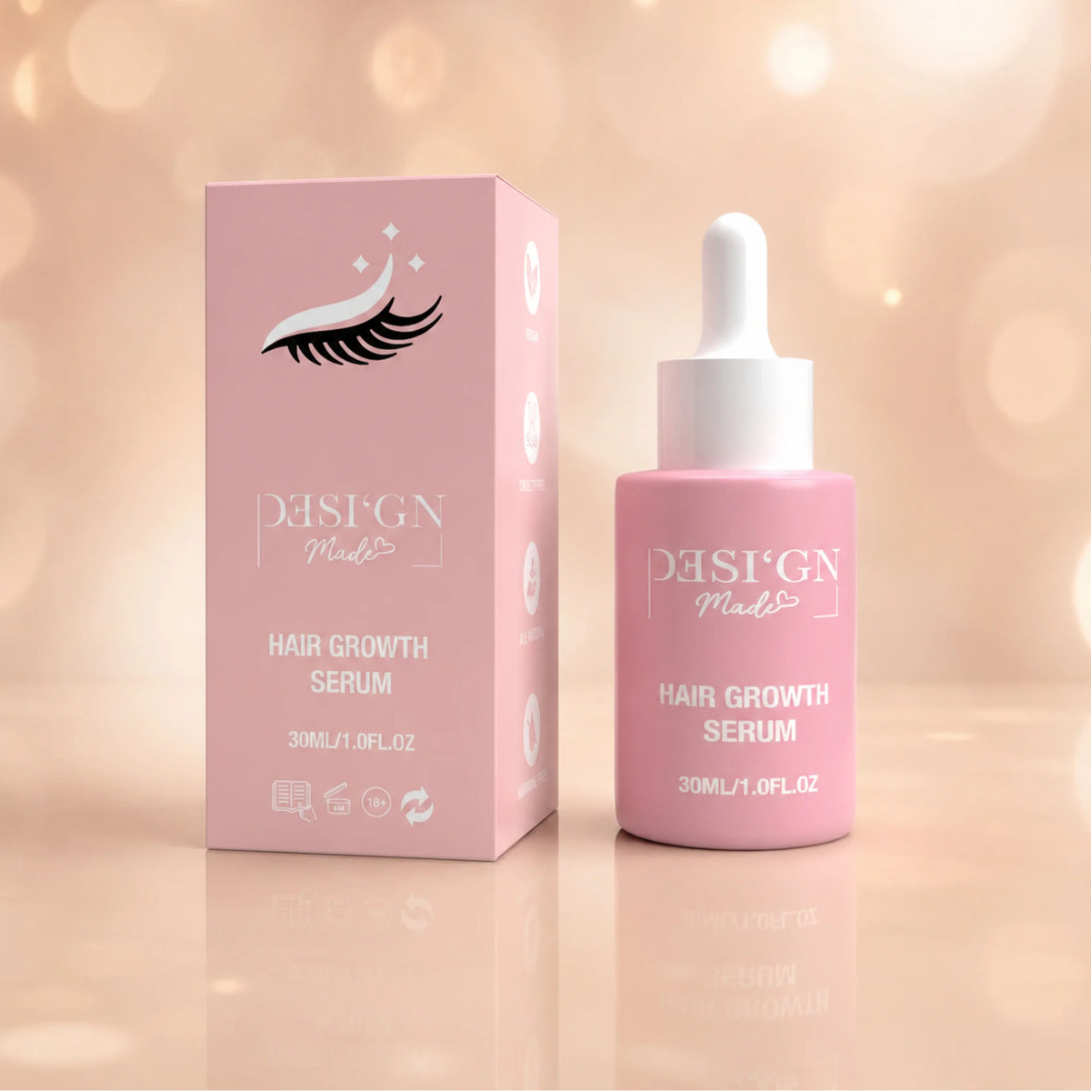 Flasche des HAIR GROWTH SERUM von DESI'GN MADE mit Pipette neben der Verpackung, 30 ml